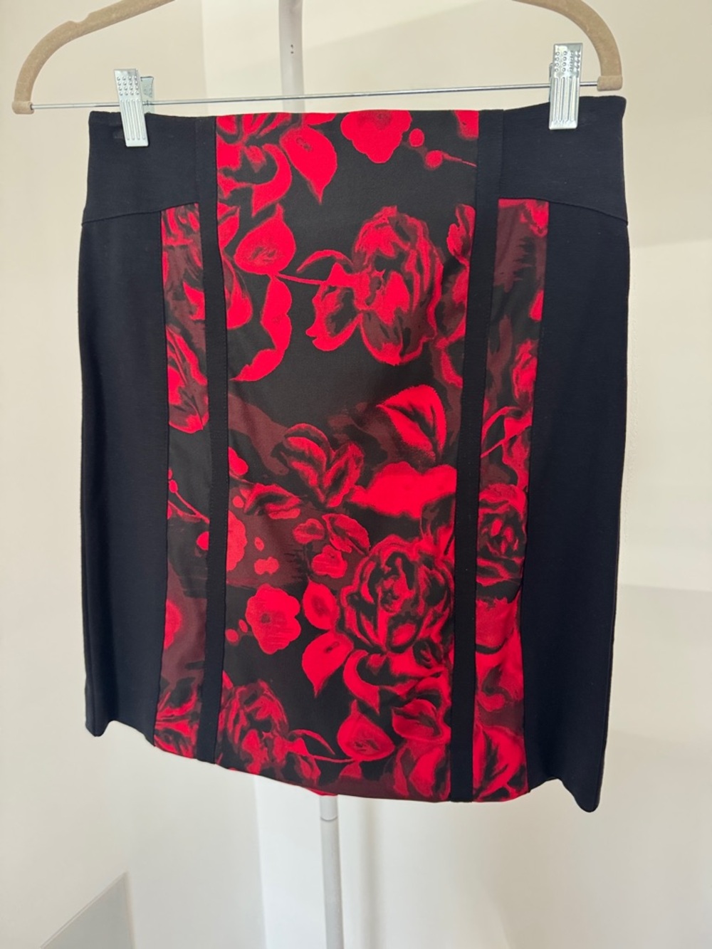 Cache Black Pencil Skirt with Red Floral Center
